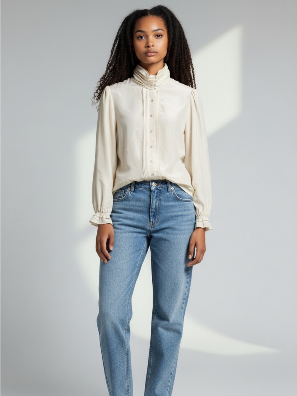 ZARA Vintage-Inspired High Neck silk  Button Front Blouse in Cream size  large